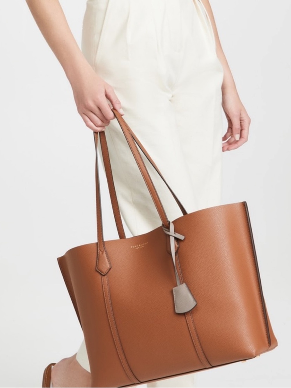Tory Burch Perry triple compartment leather shopper logo tote bag purse  brown